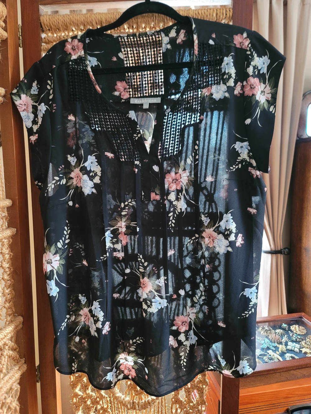 Daniel Rainn Black Floral Short-Sleeve Blouse with Pink & Blue Flowers